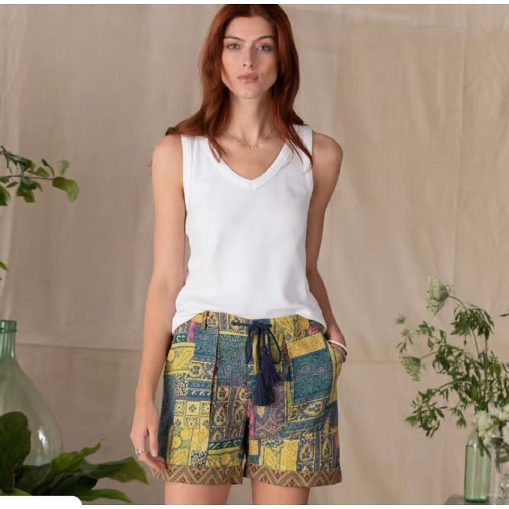 Sundance Kalini Floral Paisley Patchwork Linen Shorts Boho Tassel Yellow Blue XL